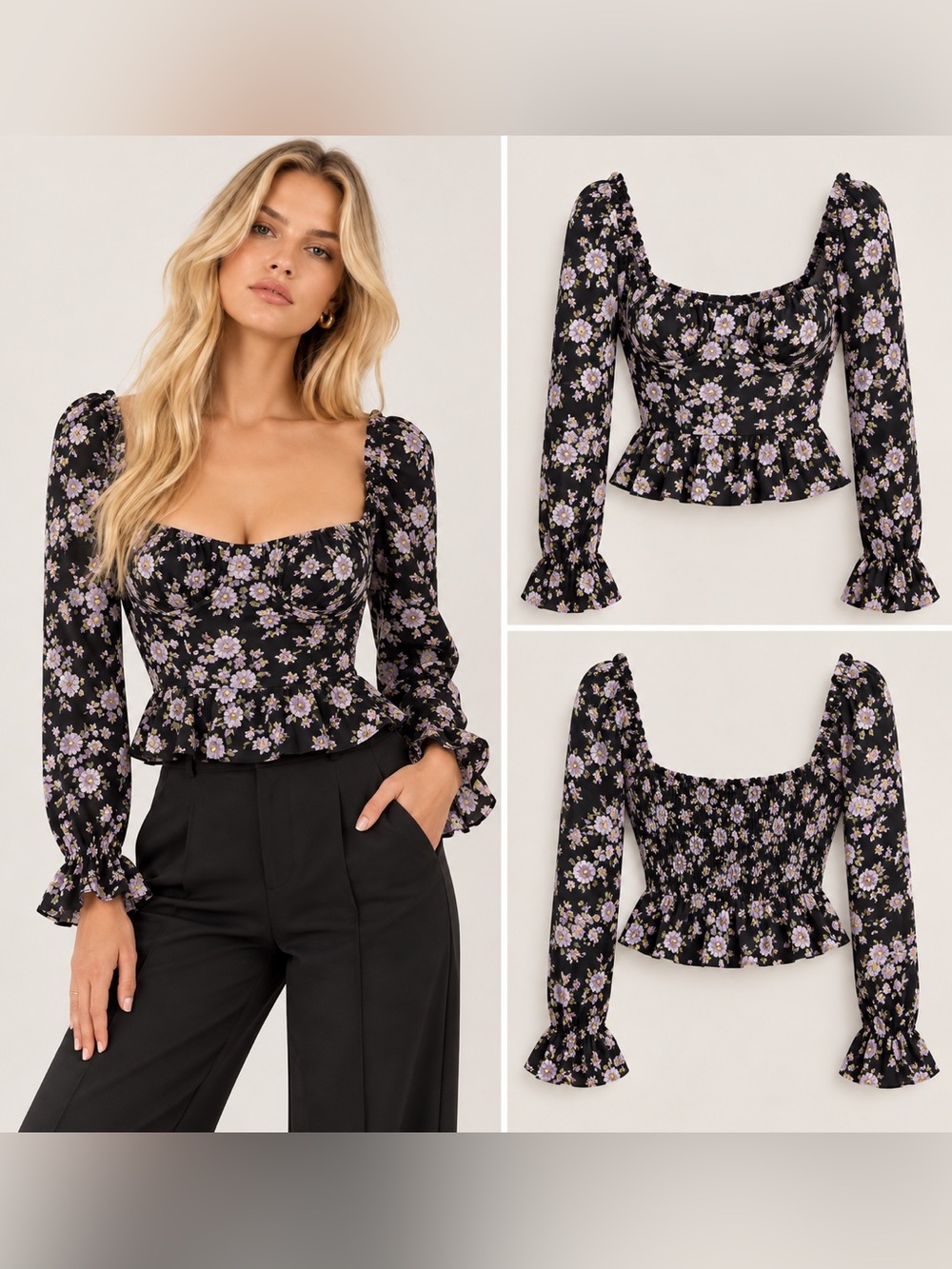 NWOT ASTR The Label Floral Corset Long Sleeve Peplum Top Black Purple S